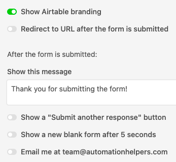 Form submit success use default Airtable